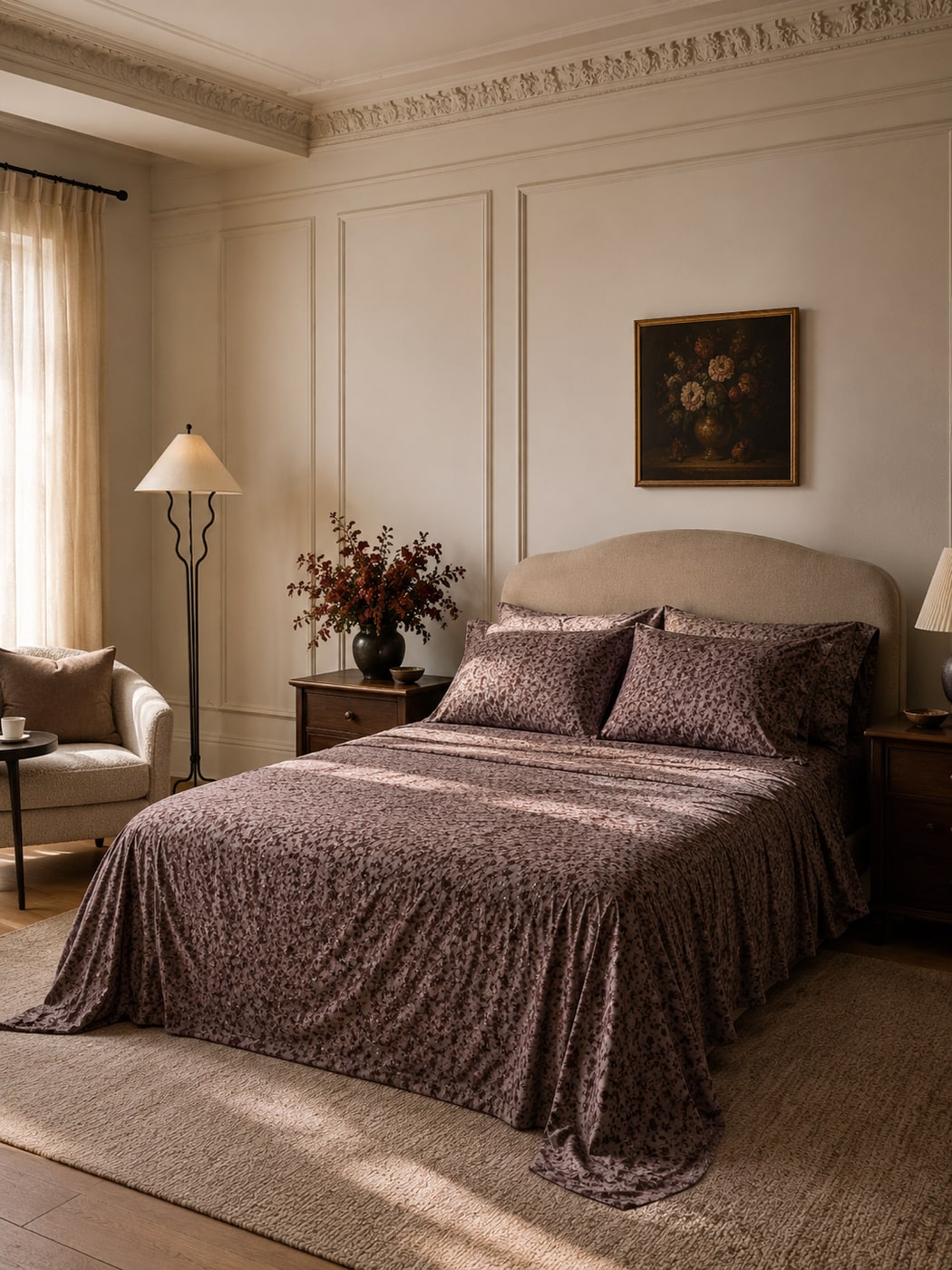 A Soft Neo-Deco Bedroom with Warm Earth Tones and Sculptural Lighting