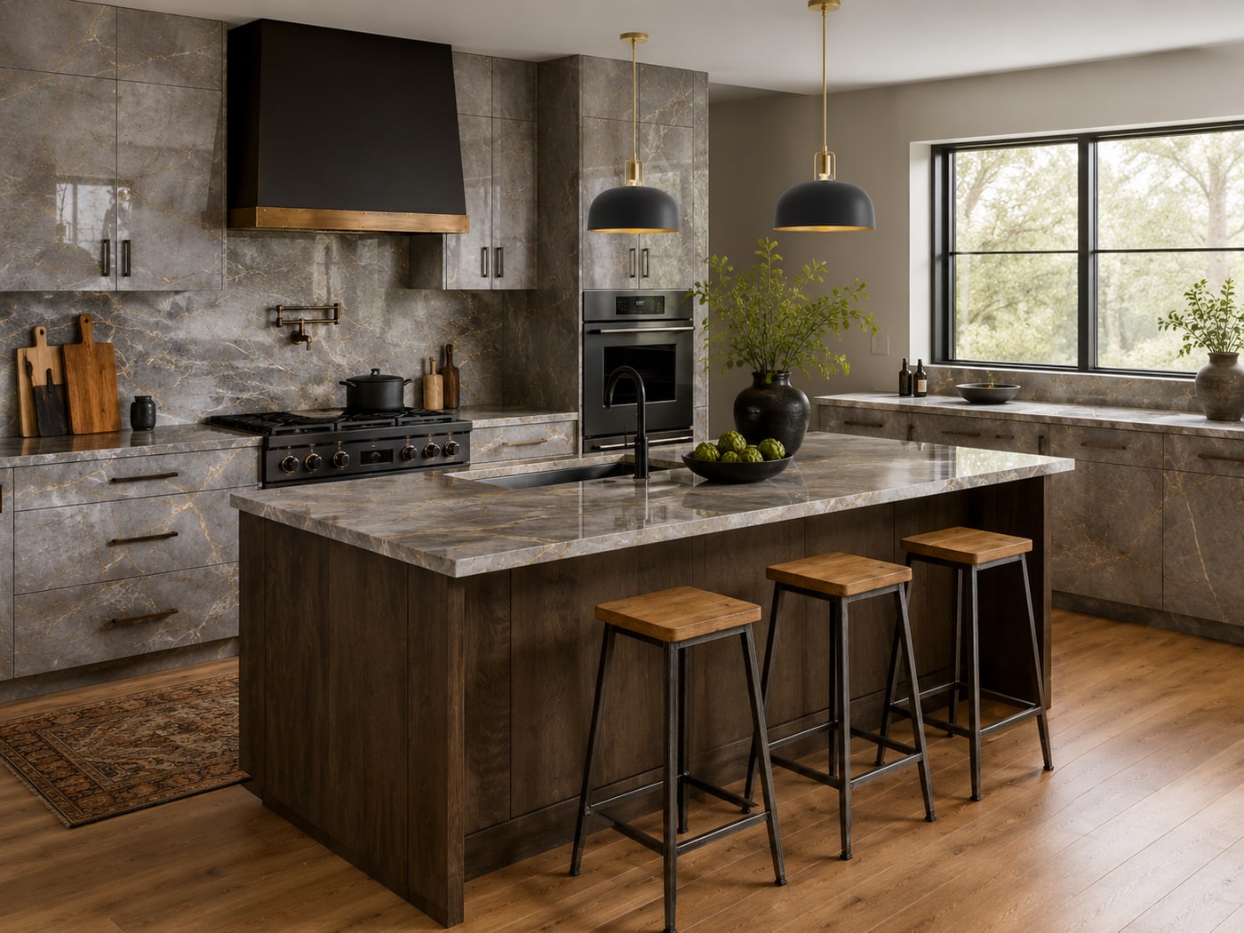 A Sophisticated Modern Industrial Luxe Kitchen with Glossy Marble
