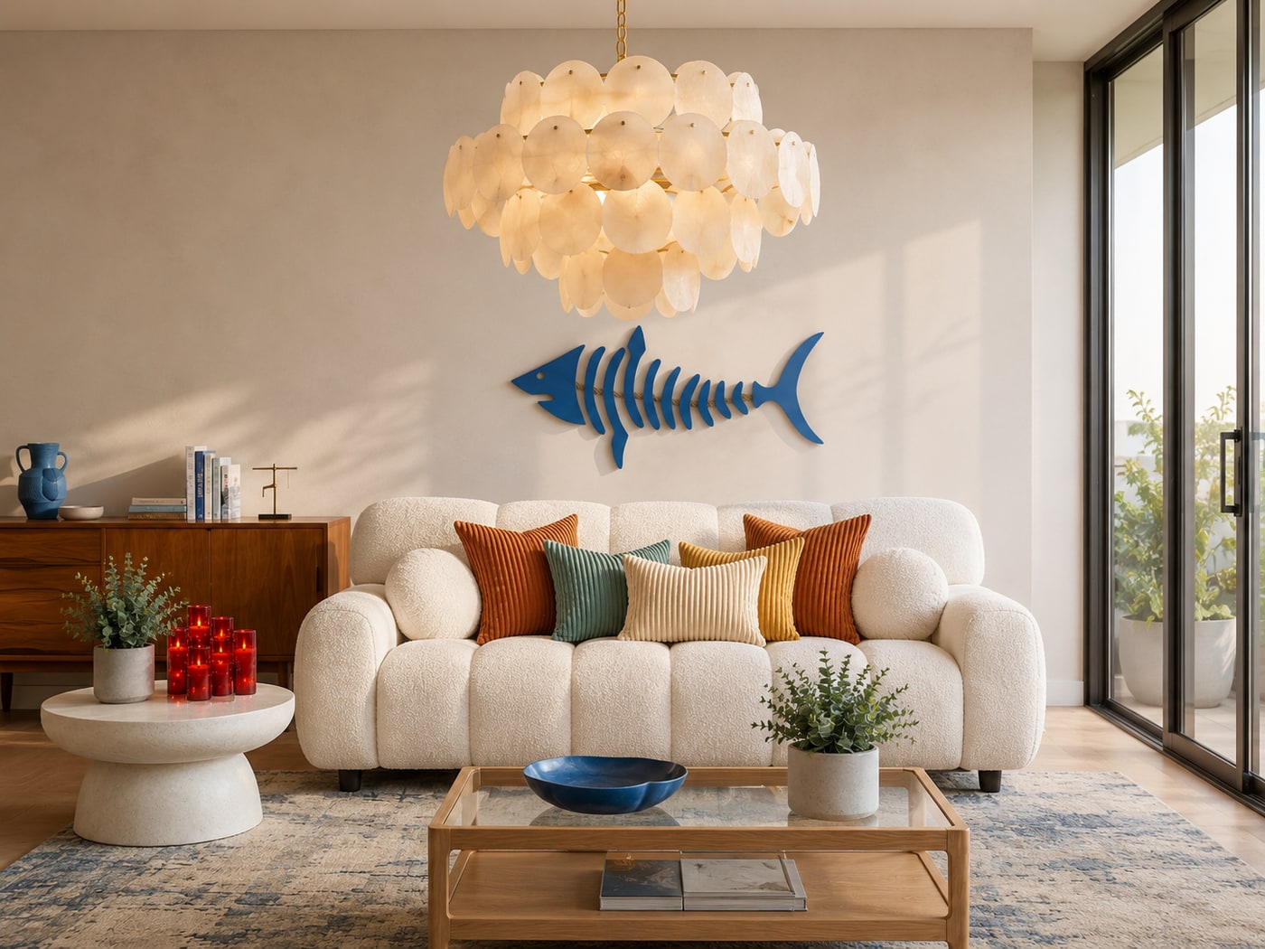A Warm Coastal Modern Living Room with Plush Comforts