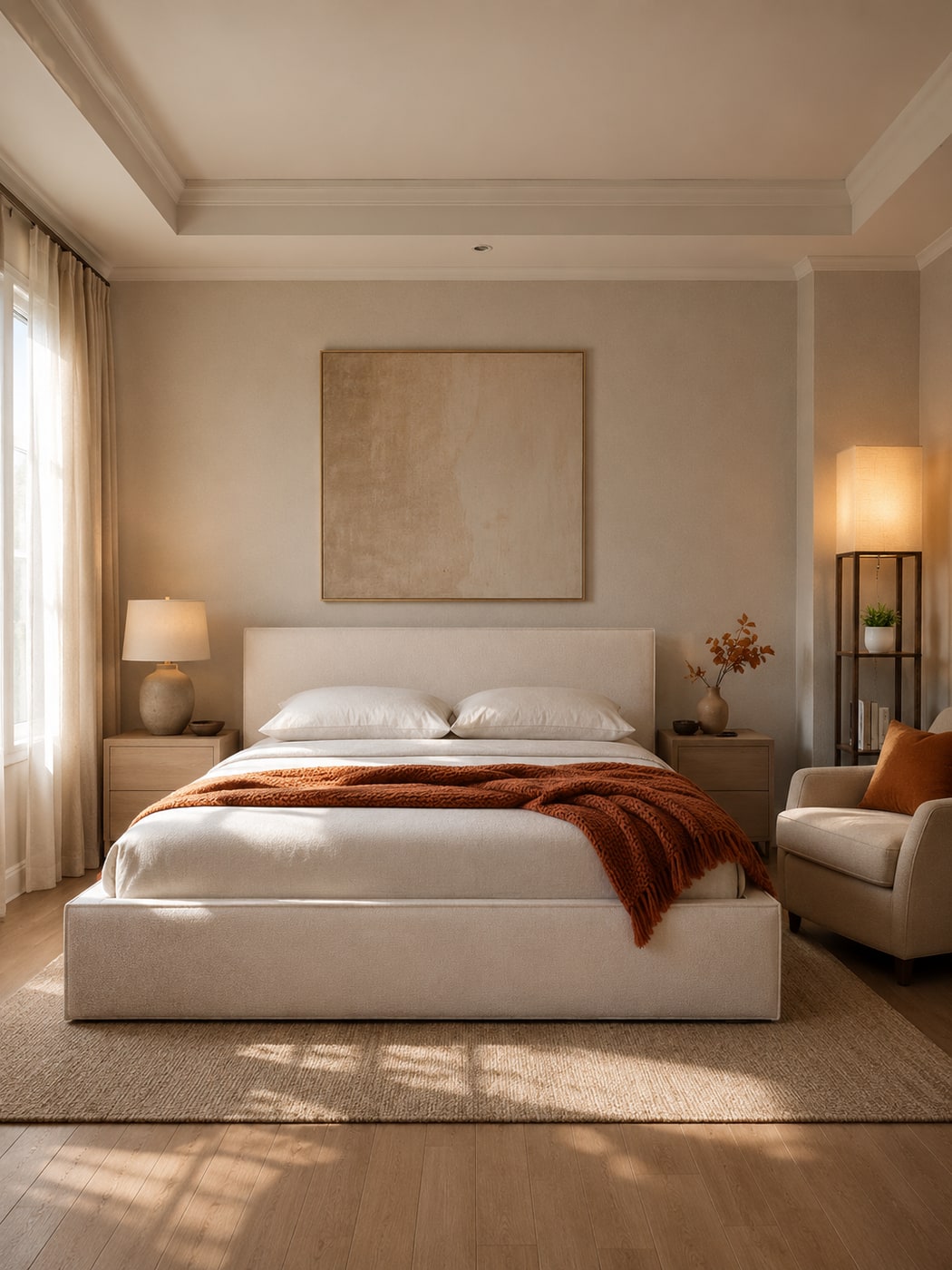A Warm Fall Bedroom with Burnt Orange and Cream Comforts
