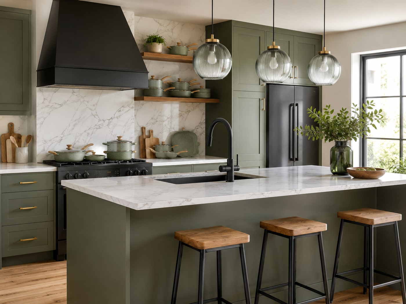 A Warm Modern Organic Industrial Kitchen in Sage and Matte Black
