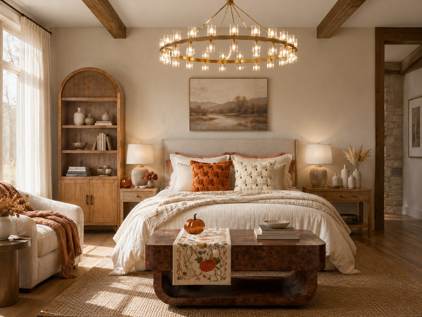 A Warm Organic Modern Farmhouse Bedroom with Seasonal Charm