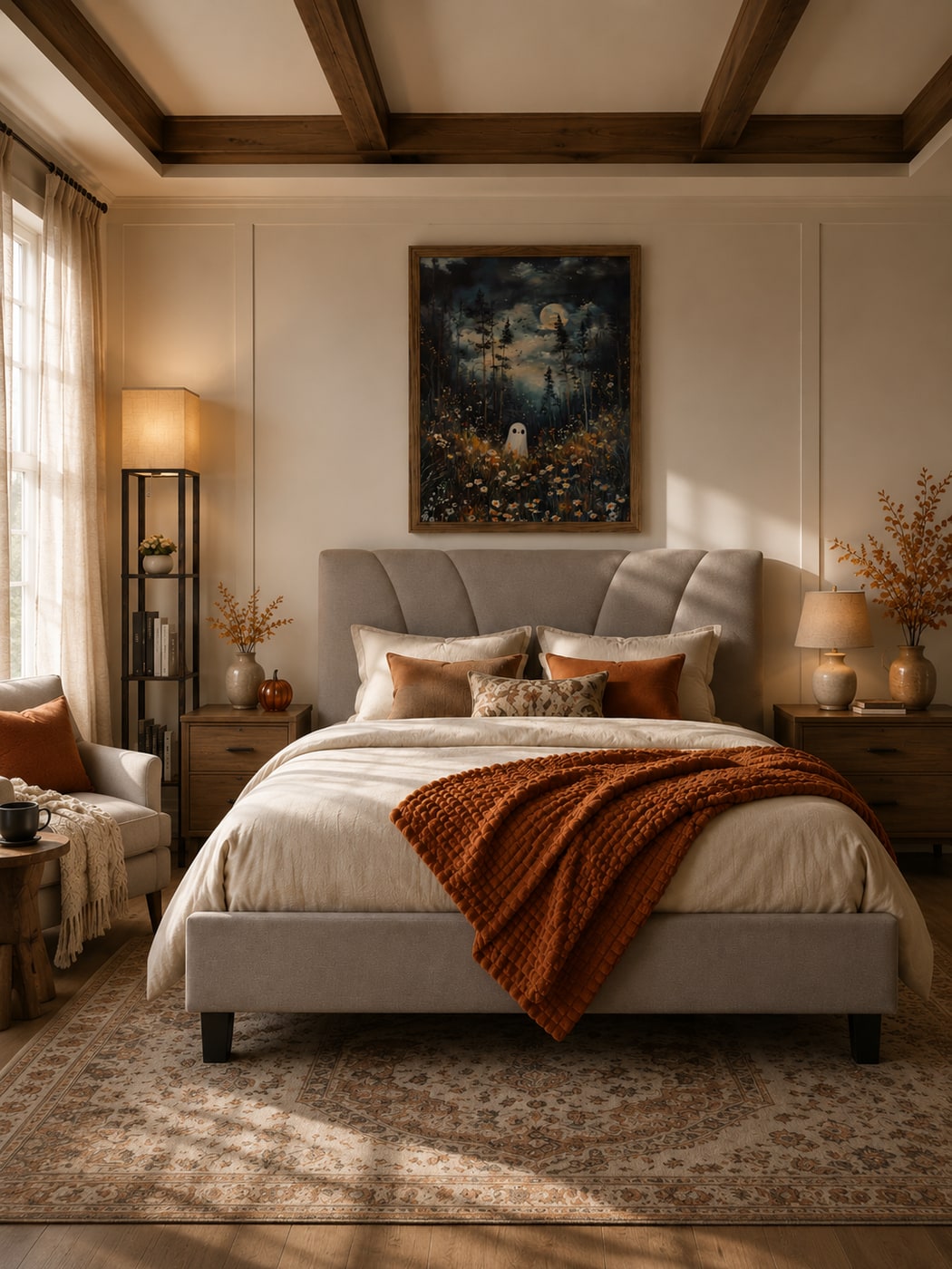 A Warm Rustic Transitional Bedroom with Cozy Autumn Touches
