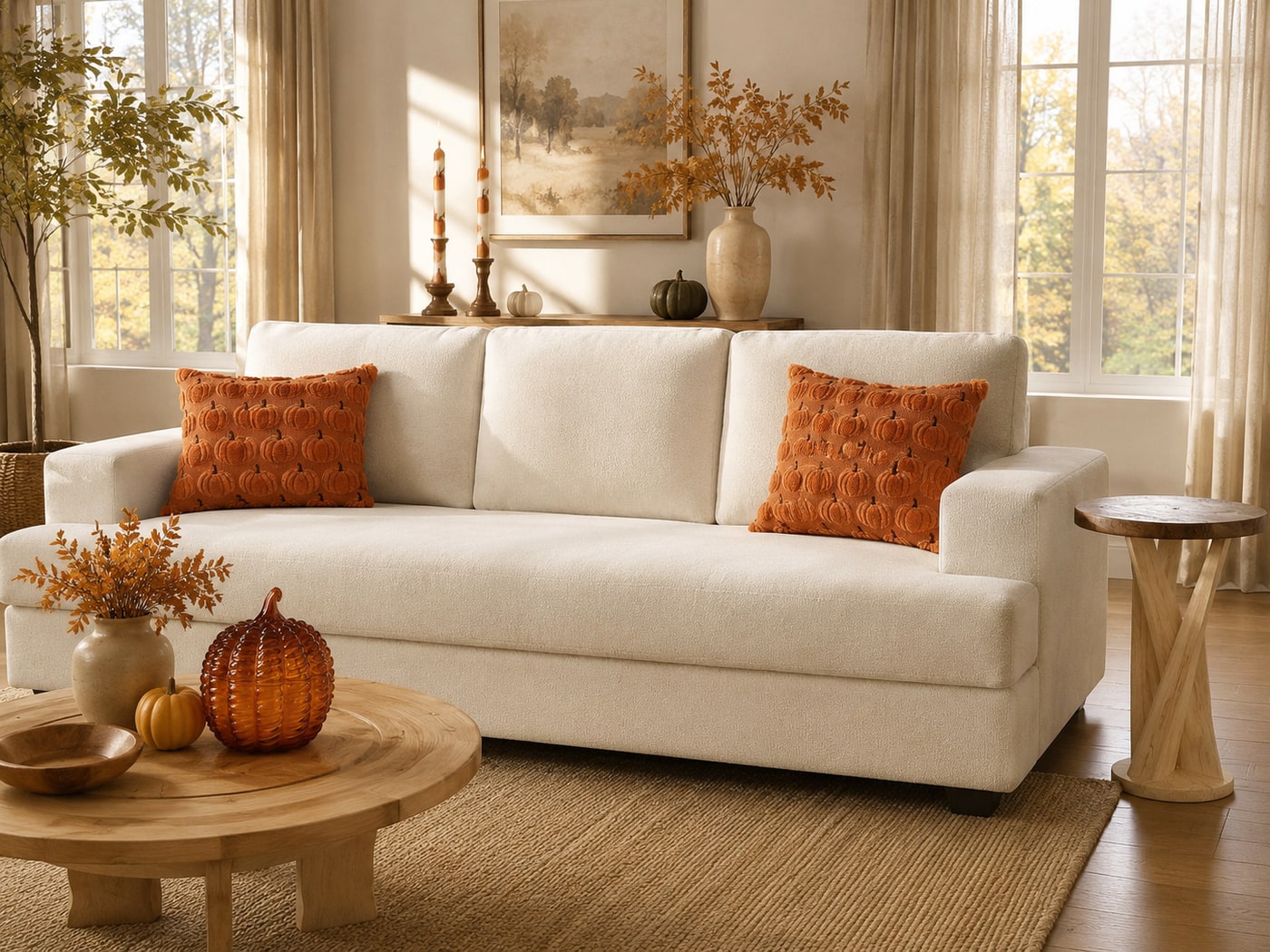 A Warm Textured Fall Modern Living Room in Pumpkin and Caramel