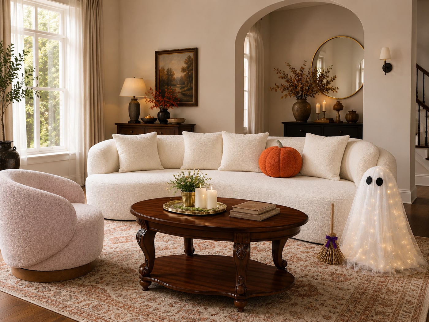 A Warm Vintage Modern Living Room with Sculptural Curves