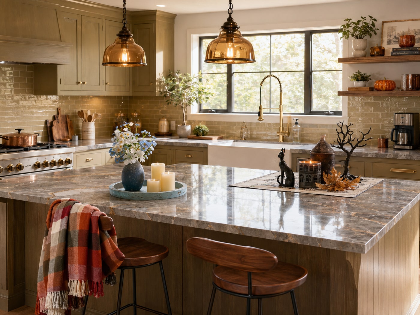 A Warm Vintage Modern Rustic Kitchen with Amber Glow