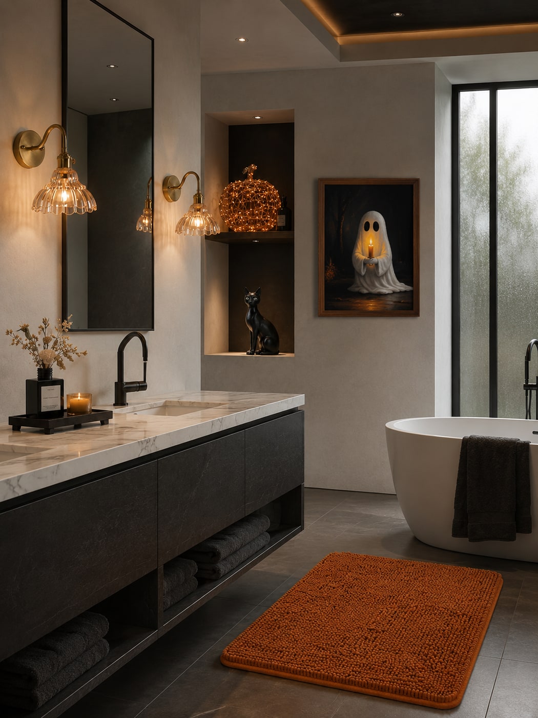 An Atmospheric Halloween Bathroom with Moody Charcoal and Amber