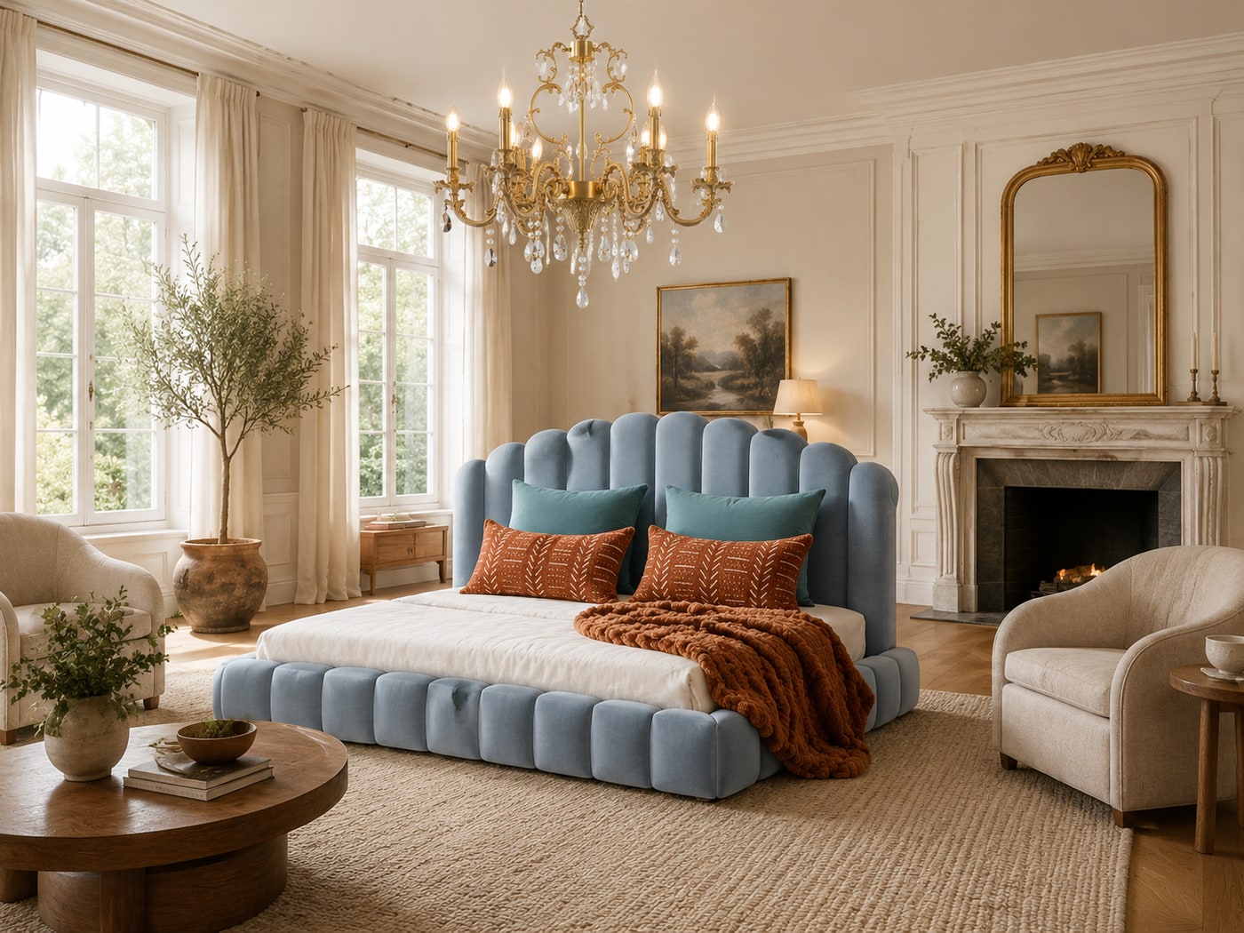 An Elegant Modern Farmhouse Bedroom with Plush Velvets and Rustic Warmth