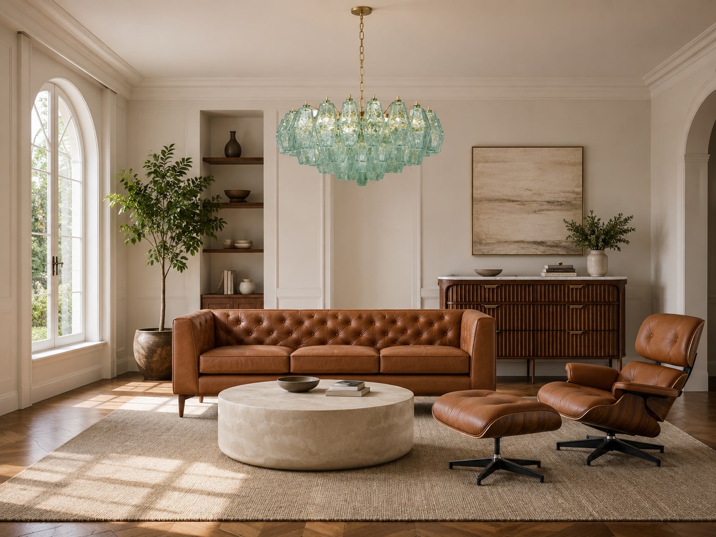 An Elegant Organic Mid-Century Living Room in Warm Walnut and Leather
