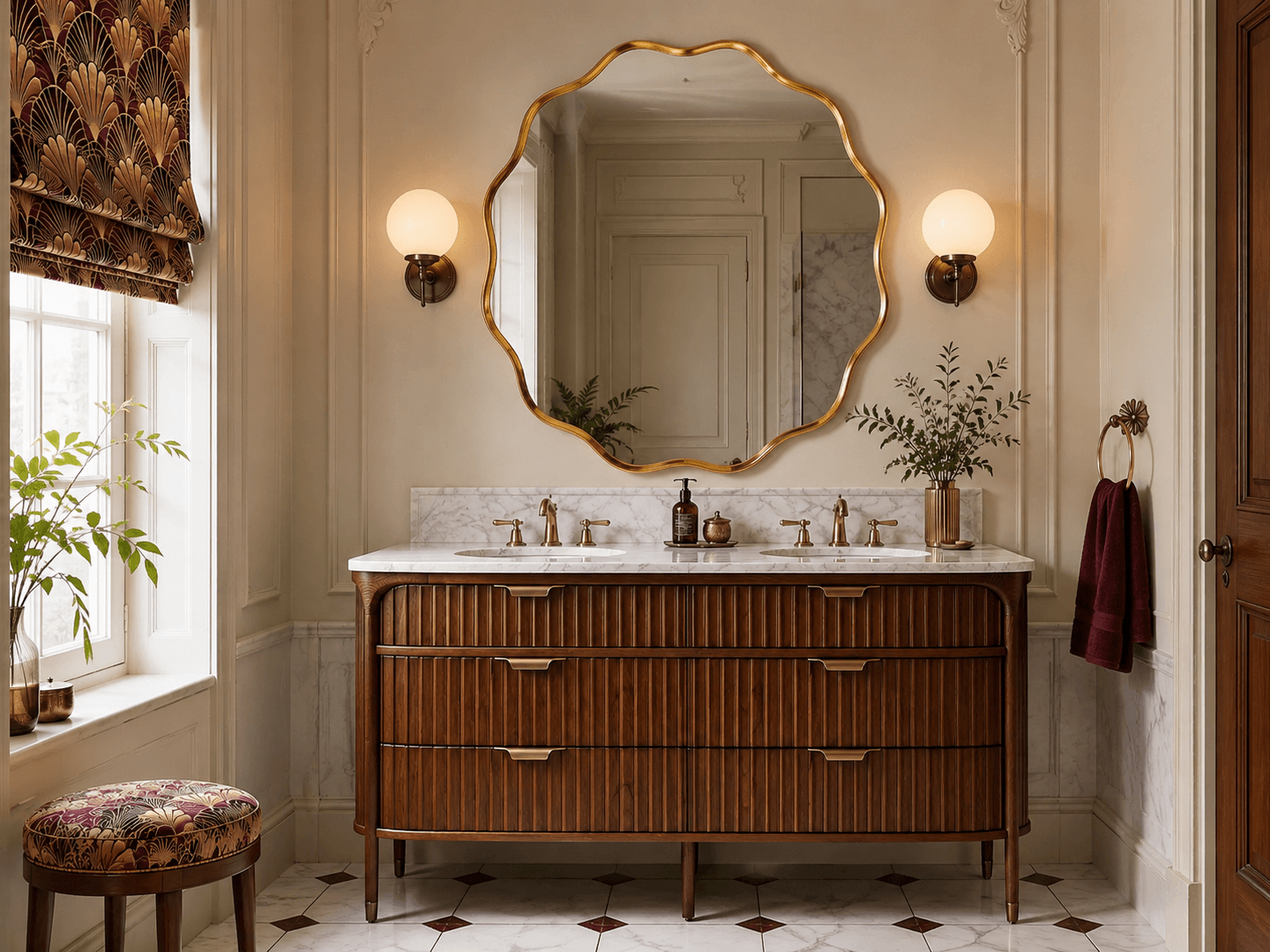 An Opulent Neo Deco Bathroom in Burgundy and Brass