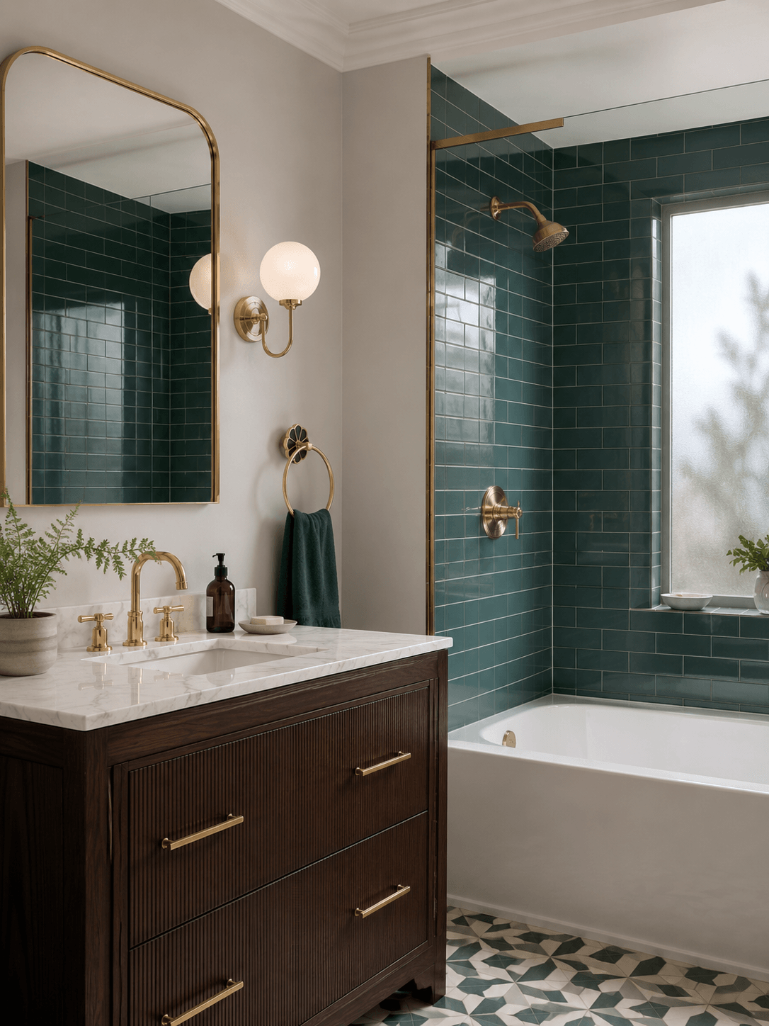 An Opulent Neo Deco Bathroom in Laurel Green and Brass