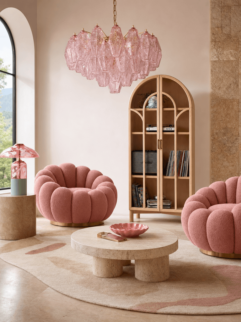 An Organic Modern Living Room in Blush, Sage, and Brass