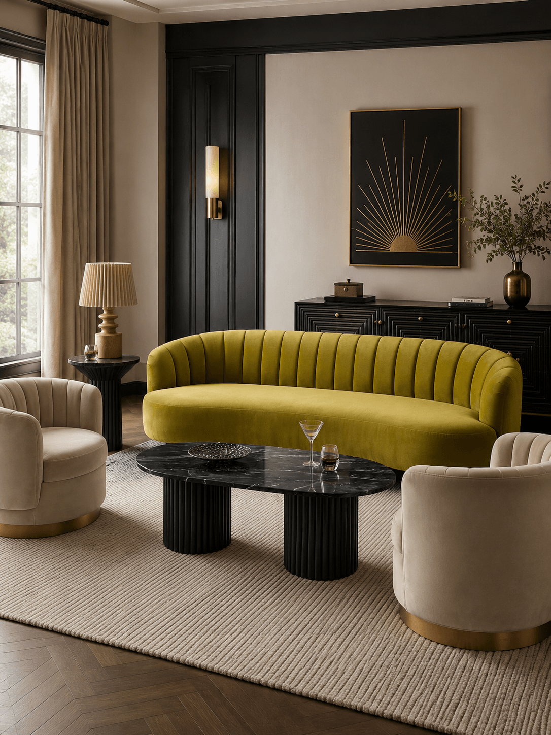 A Cozy Modern Living Room with Luxe Accents
