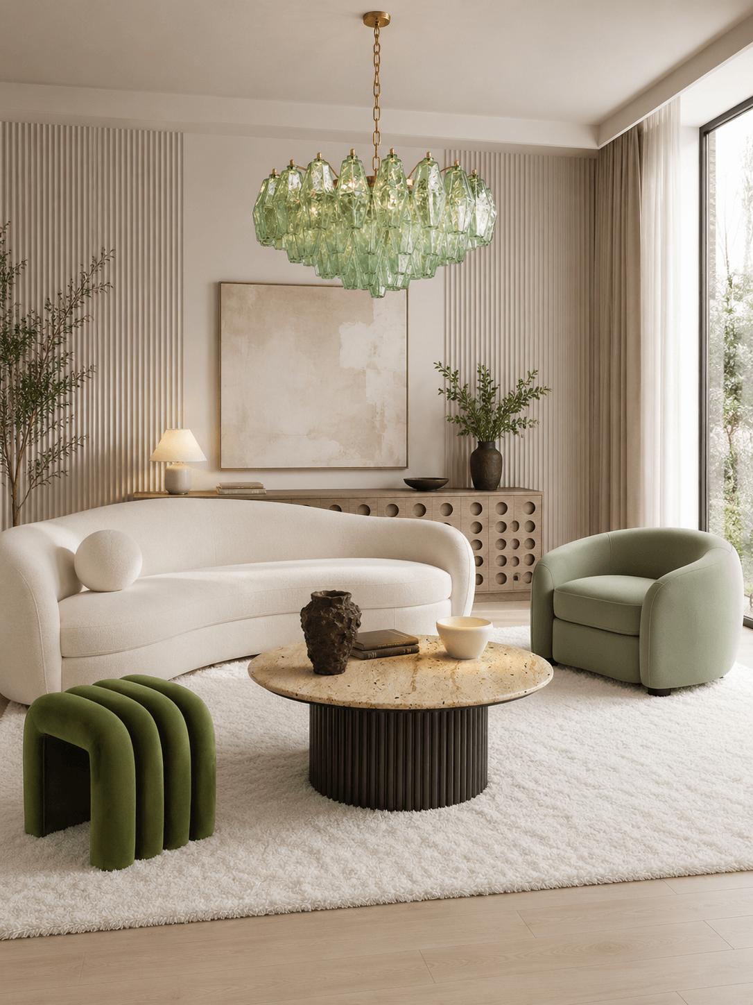 A Minimalist Modern Living Room in White and Green